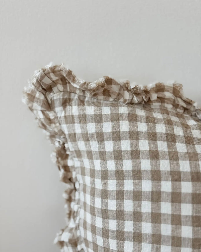 Brown square gingham cushion cover with soft furnishings style from Ellenvale Trade, featuring a classic checkered pattern.