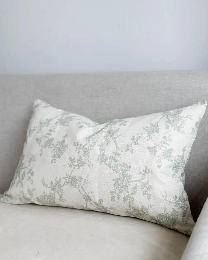 Aria Sage Green And White Rectangle Floral Print Cotton Cushion Cover
