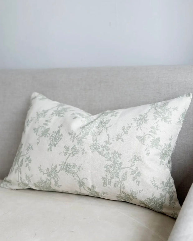 Aria Sage Green And White Rectangle Floral Print Cotton Cushion Cover