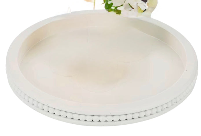 White wood beaded round tray for home decor by Starlight Express, featuring a smooth surface and decorative beaded edge.