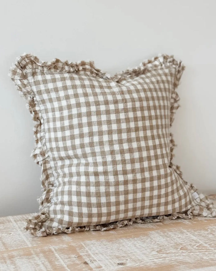 Brown square gingham cushion cover by Ellenvale Trade, soft furnishings, featuring a classic checkered pattern and plush fabric.