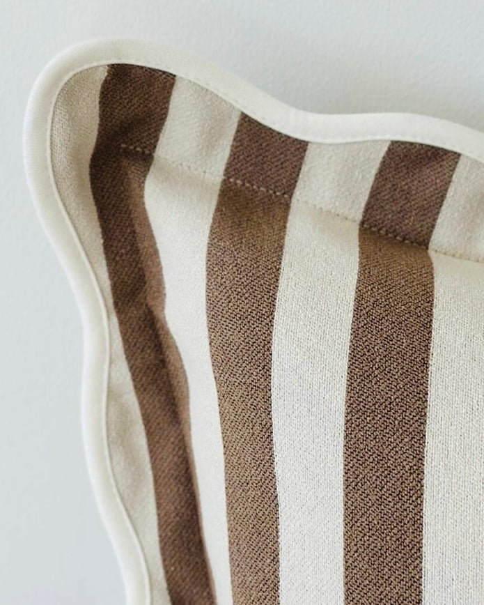 Chloe Brown Square Stripe Scalloped Cushion Cover