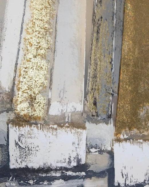 Abstract art with gold, white, and gray brush strokes