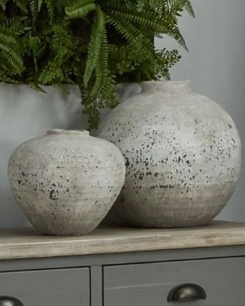 Rustic matte neutral stone vase by Hill Interiors, showcasing a full-size view of the textured, earthy vase ideal for home decor.