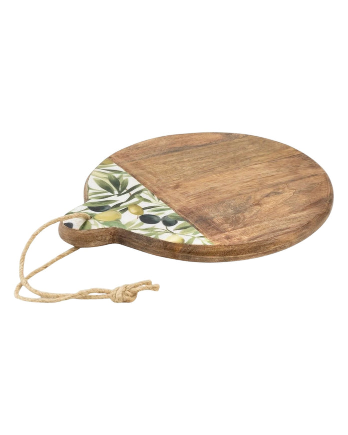 Olive pattern Mango wood and melamine round chopping board for kitchen and dining, crafted by Candlelight Products Ltd.