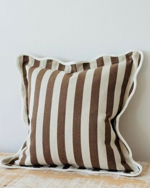 Chloe Brown Square Stripe Scalloped Cushion Cover