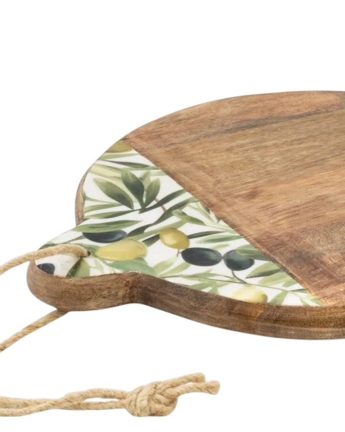 Round olive pattern mango wood and melamine chopping board for kitchen and dining, with a natural wood finish and decorative design.
