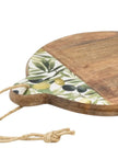 Round olive pattern mango wood and melamine chopping board for kitchen and dining, with a natural wood finish and decorative design.