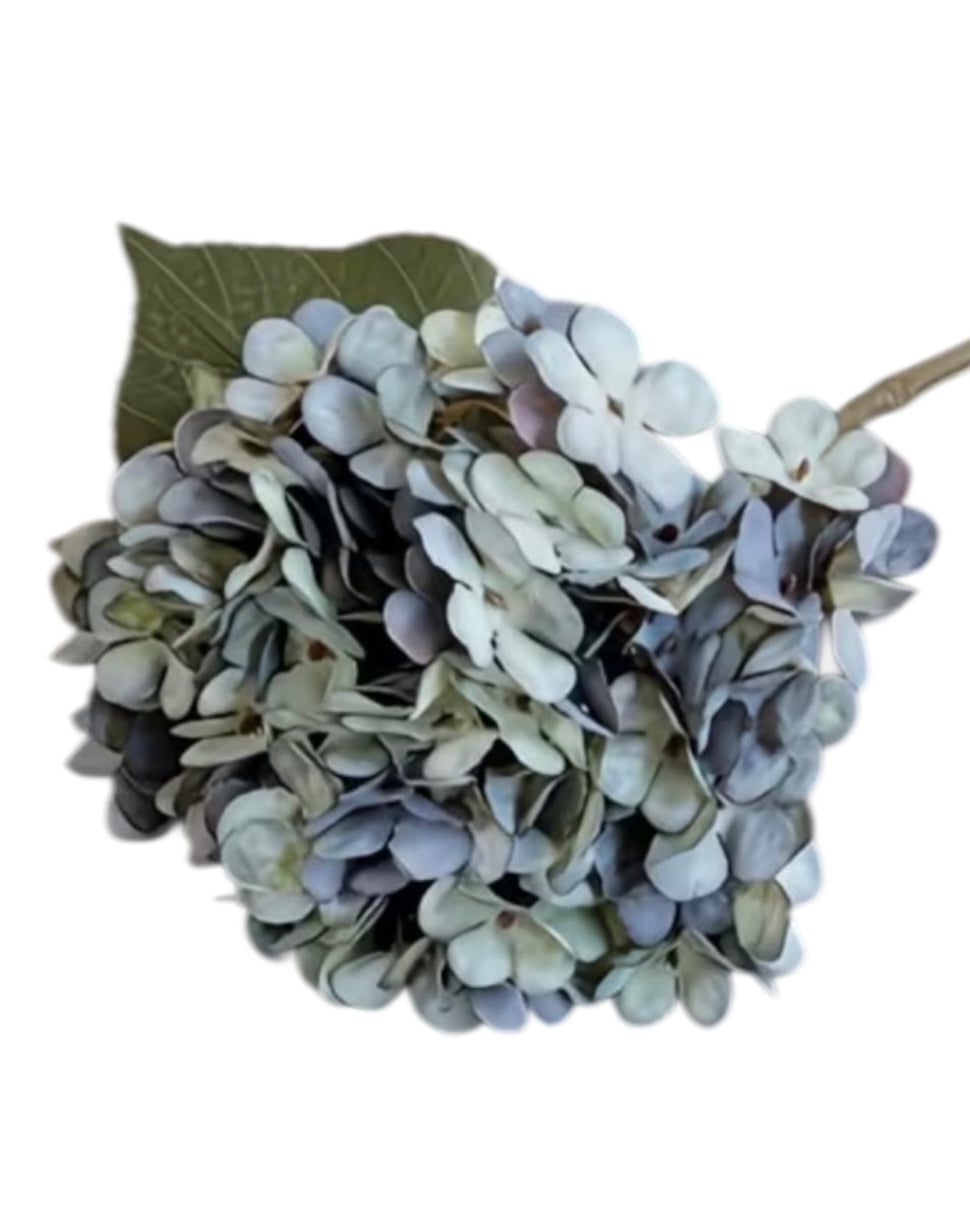 Artificial short dusky blue hydrangea stem from Starlight Express, featuring lush blooming flowers on a realistic plant stem.