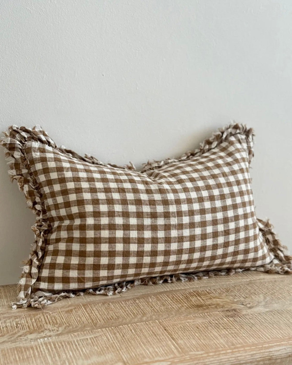 Ellenvale Trade Hallie Brown Rectangle Gingham Cushion Cover with soft fabric and classic brown and white gingham pattern.