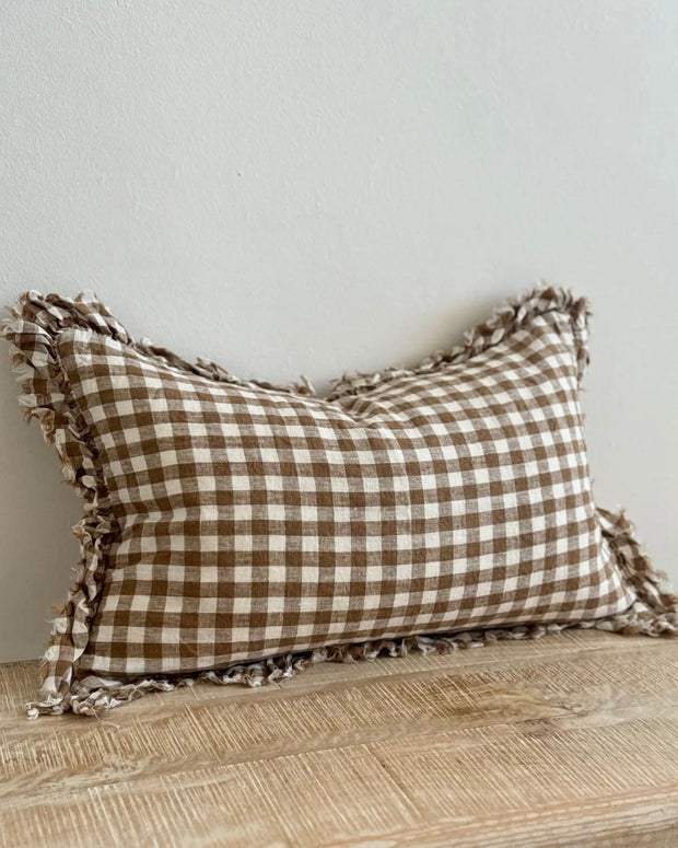 Ellenvale Trade Hallie Brown Rectangle Gingham Cushion Cover with soft fabric and classic brown and white gingham pattern.