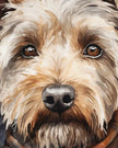 Close-up of a dog's face with a watercolor texture
