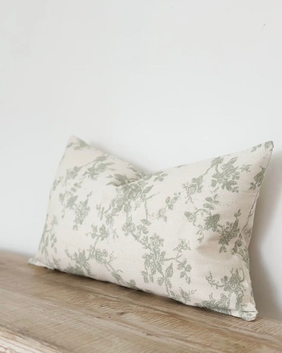 Aria Sage Green And White Rectangle Floral Print Cotton Cushion Cover
