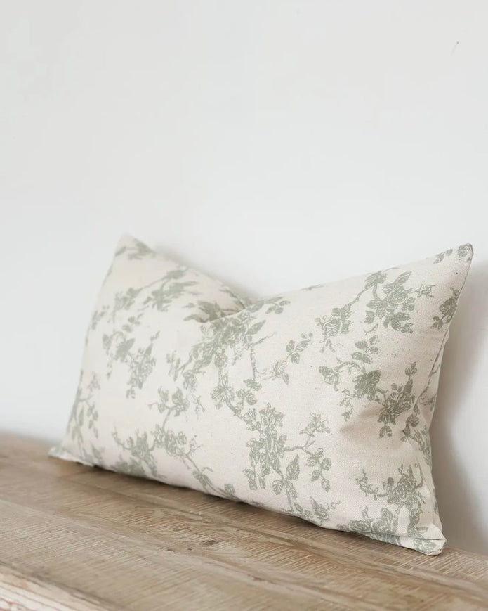 Aria Sage Green And White Rectangle Floral Print Cotton Cushion Cover