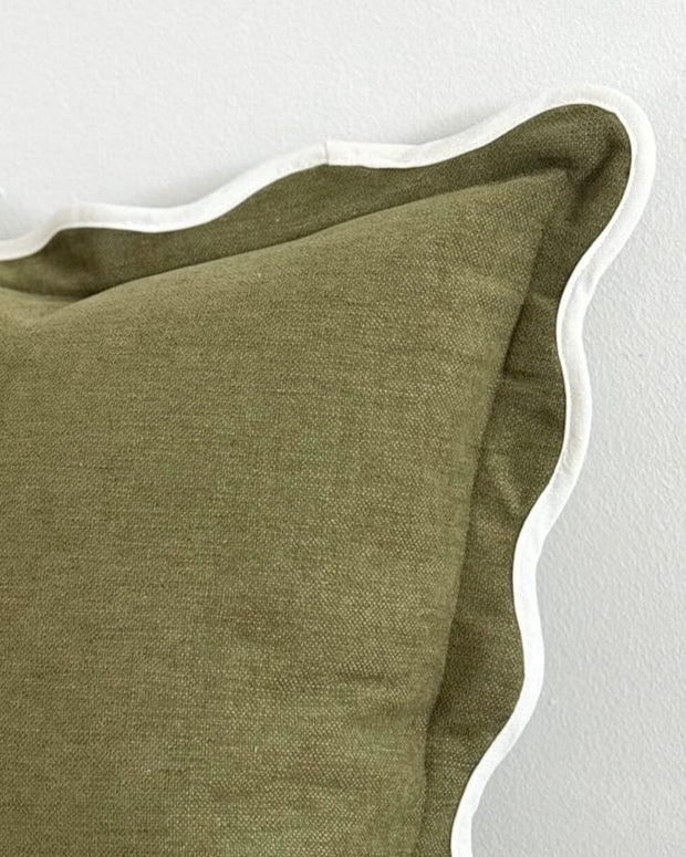 Chloe Olive Green And Cream Square Scalloped Edge Cushion Cover