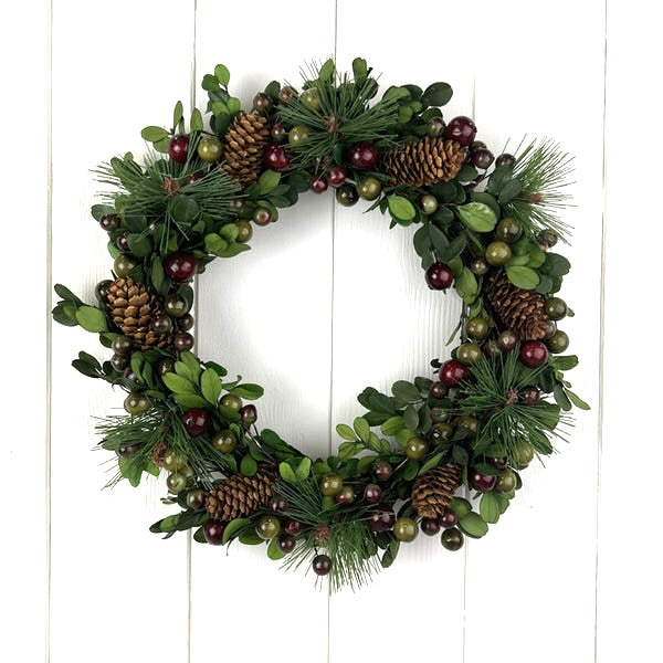 Satchville Christmas pinecone and berry wreath with pinecones, red berries, and greenery for holiday decoration.
