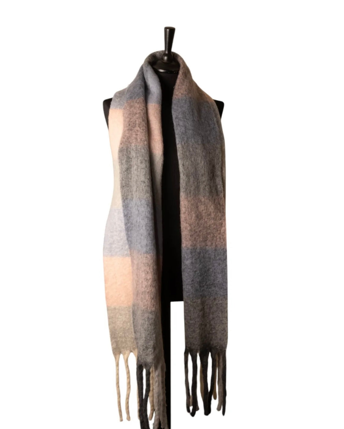 Grey, Pink & Blue Checked Chunky Winter Scarf