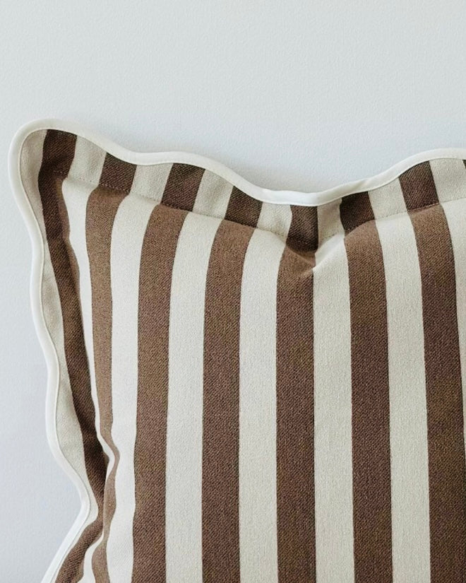 Chloe Brown Square Stripe Scalloped Cushion Cover