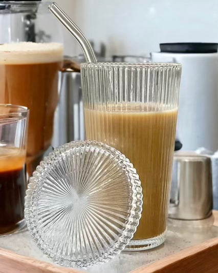 Small Ribbed Lidded Glass Ice Coffee Tumbler Glass - Lulu Loves Home Lulu Loves Home 