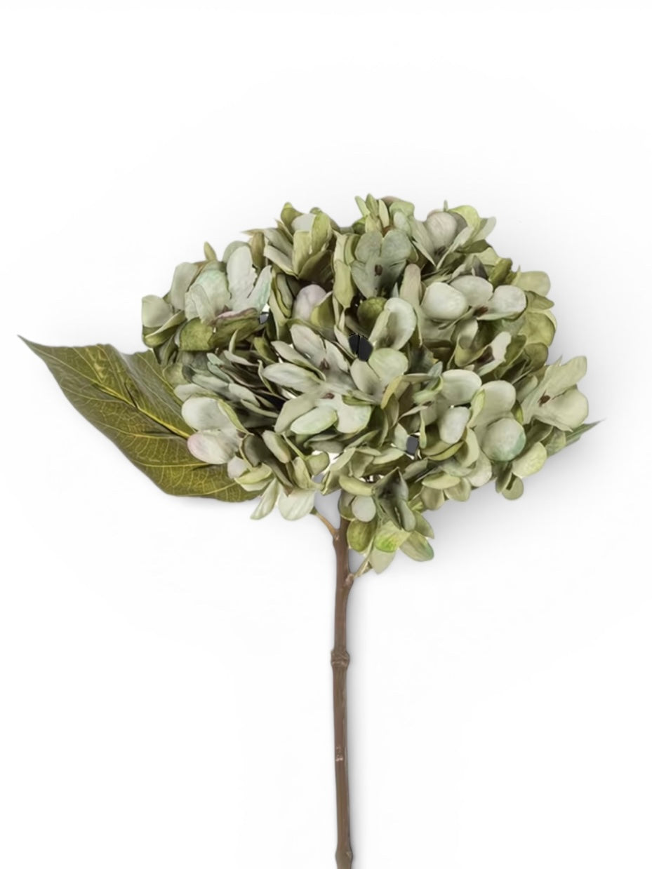 Artificial short sage green hydrangea stem from Starlight Express, featuring realistic green hydrangea blossoms and foliage.