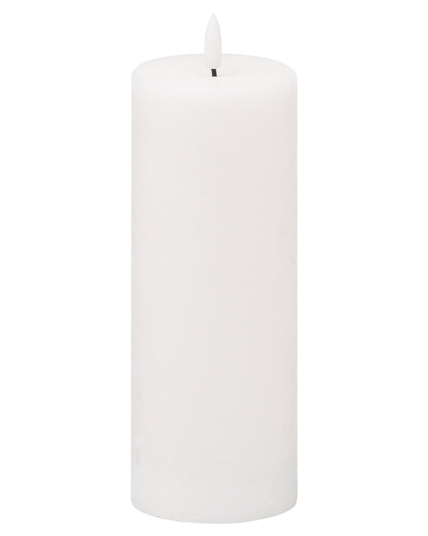 White LED light-up pillar candle by Hill Interiors with a realistic wax finish and flickering LED light for a cozy ambiance.