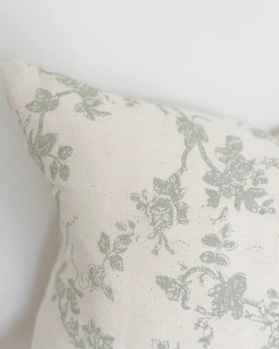 Aria Sage Green And White Square Floral Print Cotton Cushion Cover