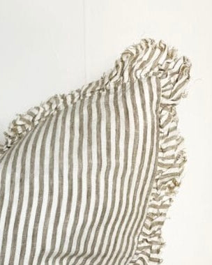 Hailie Olive Green Pinstripe Ruffled Edge Linen Cushion Cover