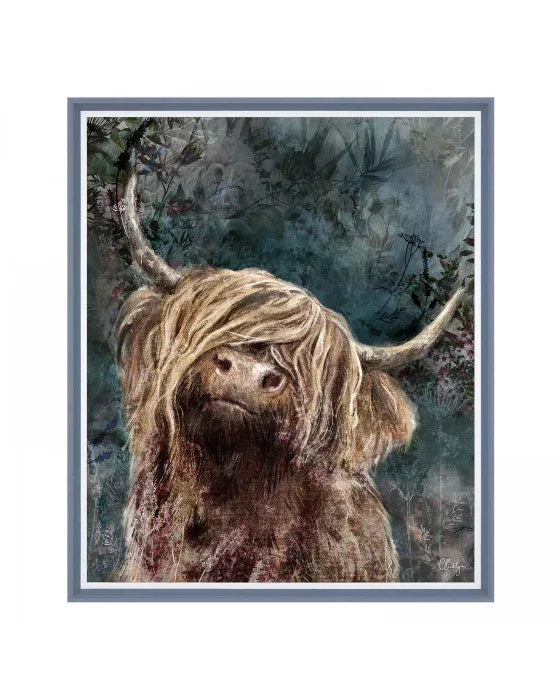 Framed artwork of a highland cow with a naturalistic background