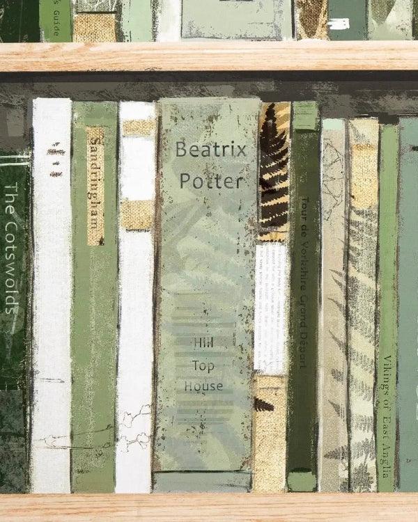 Collage of book spines with 'Beatrix Potter' and other titles on a wooden surface