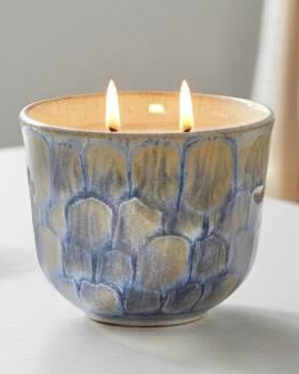 Navy blue two wick ceramic candle by Heaven Sends, shown with a smooth ceramic container and two wicks ready to burn.
