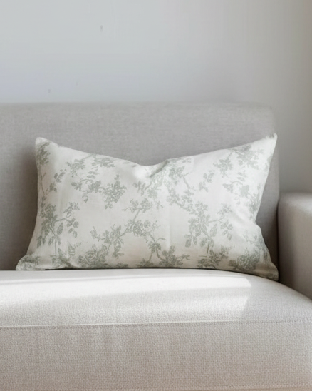 Aria Sage Green And White Rectangle Floral Print Cotton Cushion Cover