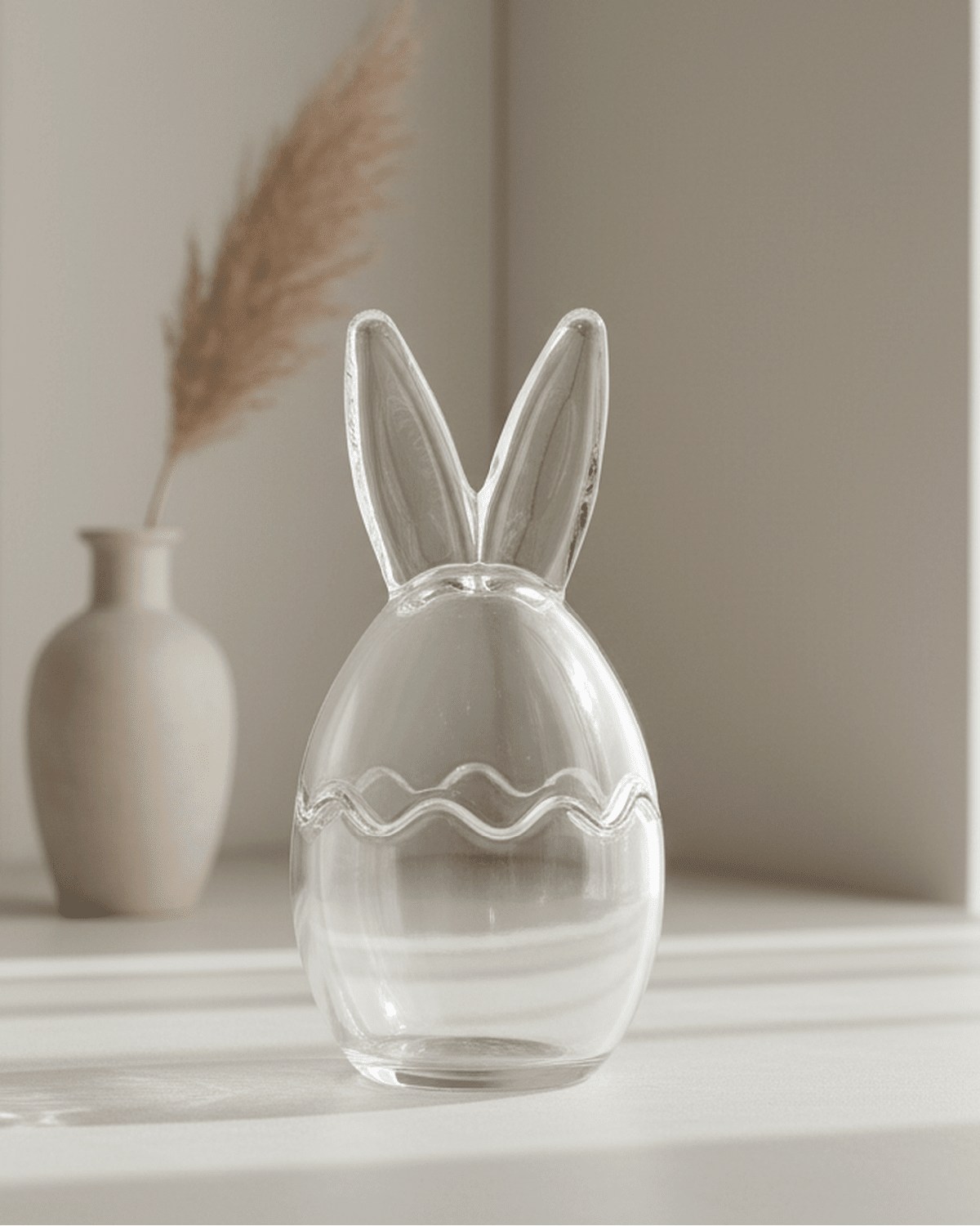 Clear glass vase shaped like a rabbit with a wavy line design on a neutral background