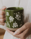 Green Floral Stoneware Coffee Mug