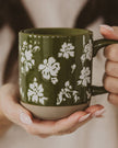 Green Floral Stoneware Coffee Mug