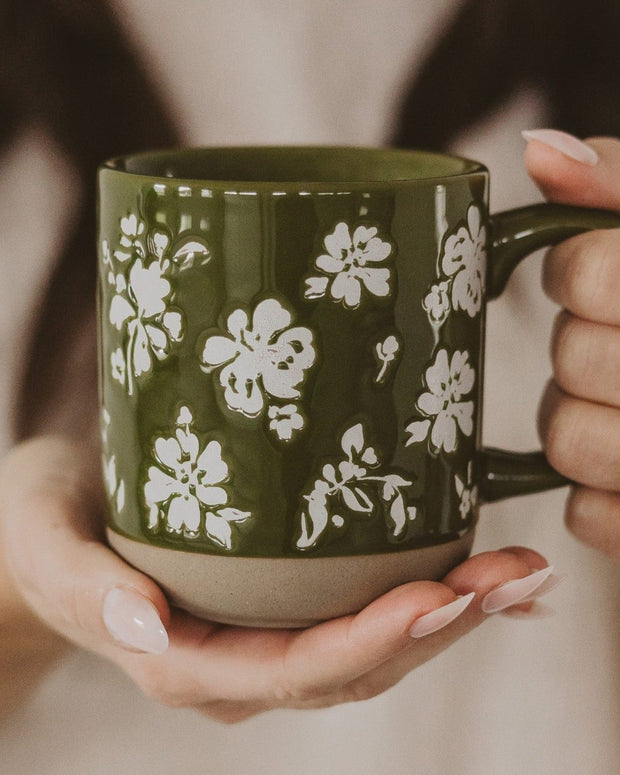 Green Floral Stoneware Coffee Mug