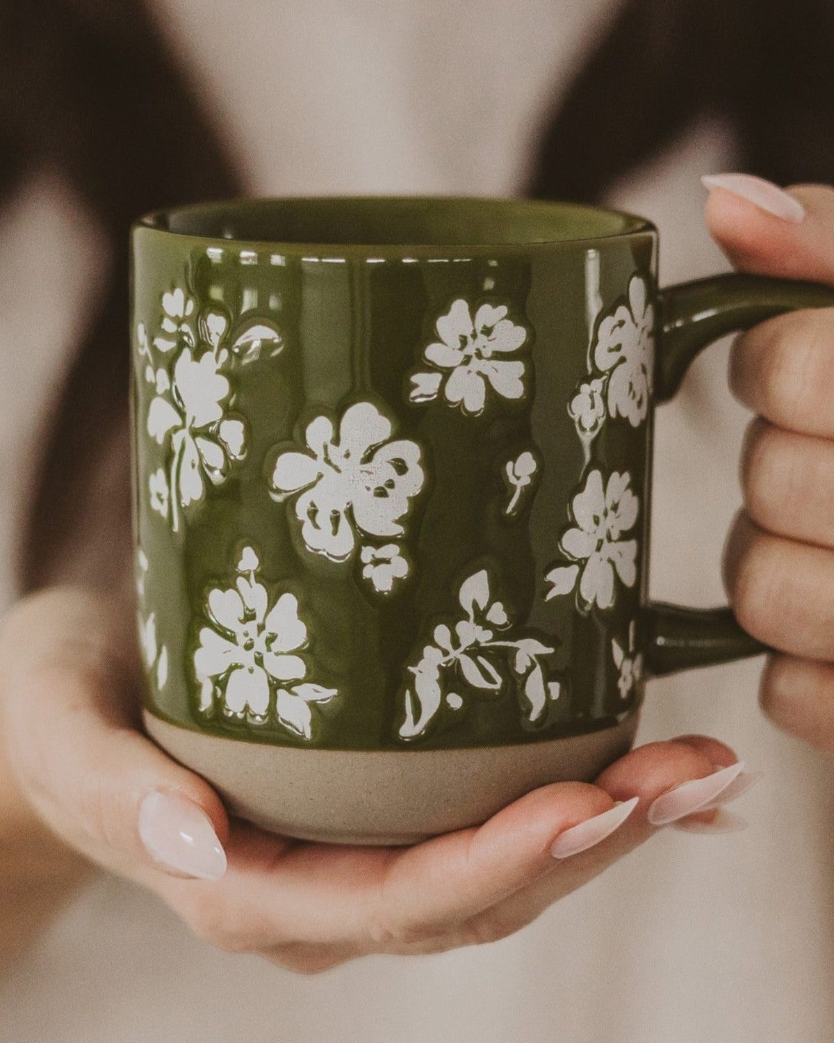 Green Floral Stoneware Coffee Mug