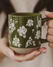 Green Floral Stoneware Coffee Mug