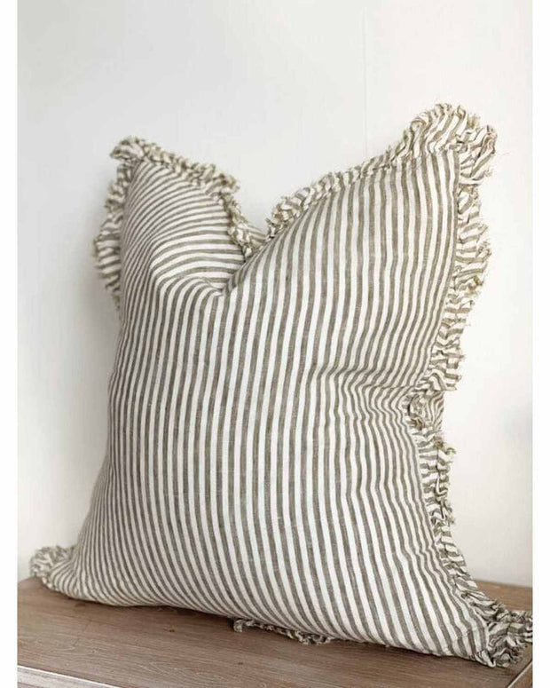 Hailie Olive Green Pinstripe Ruffled Edge Linen Cushion Cover