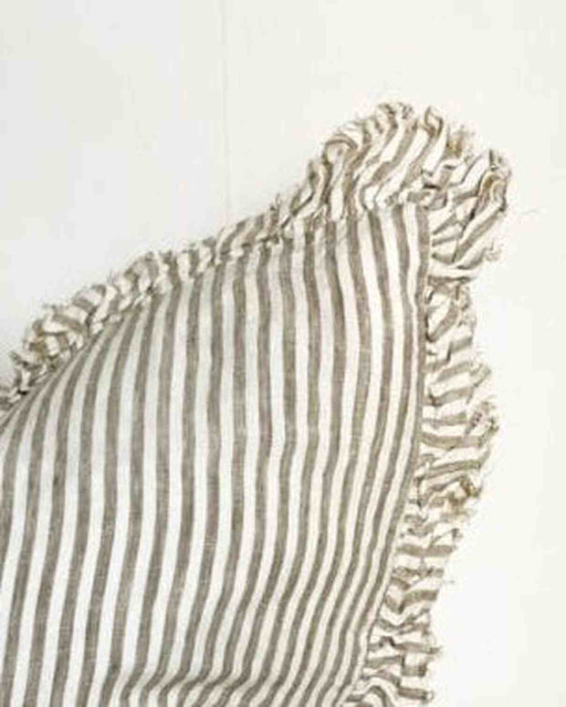 Hailie Olive Green Pinstripe Ruffled Edge Linen Cushion Cover