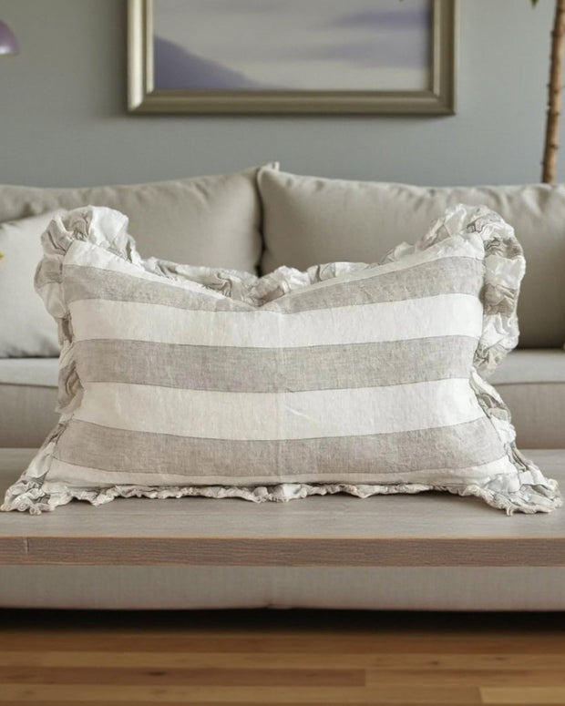 Hallie Beige And White Wide Stripe Rectangle Cotton Blend Cushion Cover