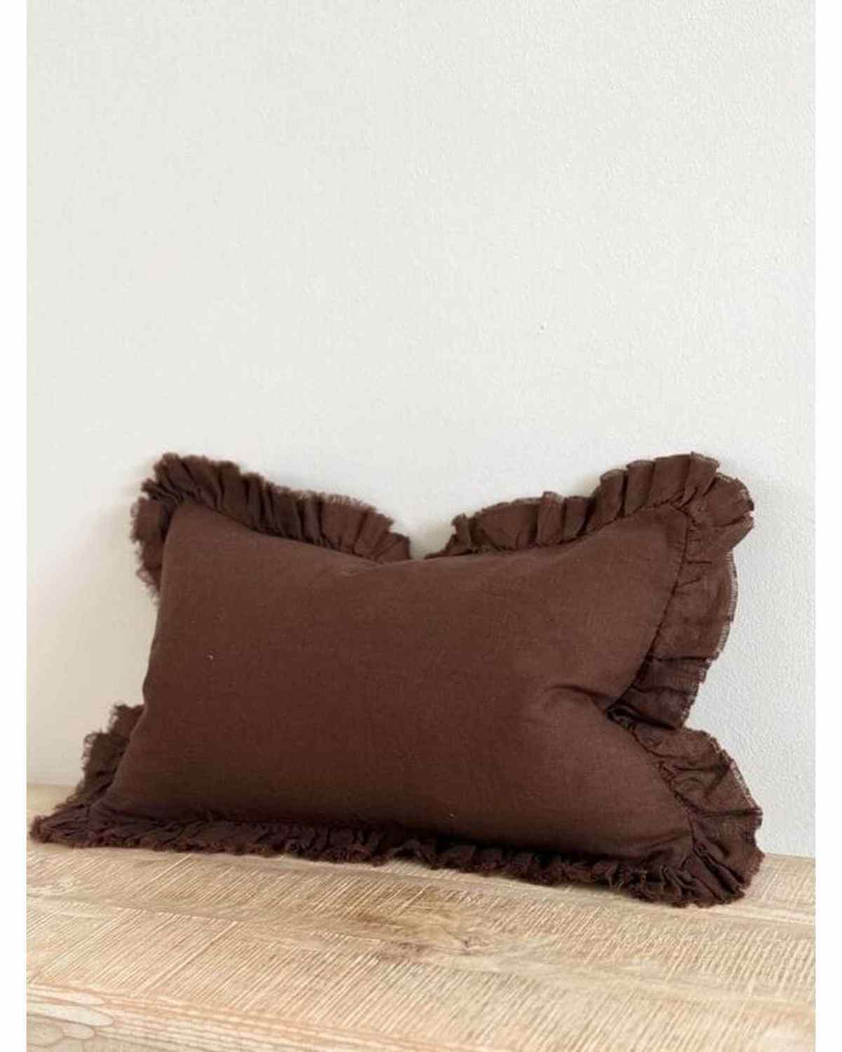 Hallie Dark Brown Ruffle Linen Blend Cushion Cover