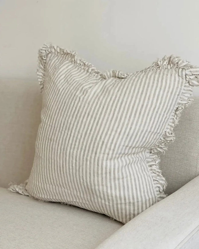 Hallie Beige And White Ruffle Neutral Pinstripe Luxury Cotton Blend Cushion Cover - Soft FurnishingsSoft Furnishings - Lulu Loves Home