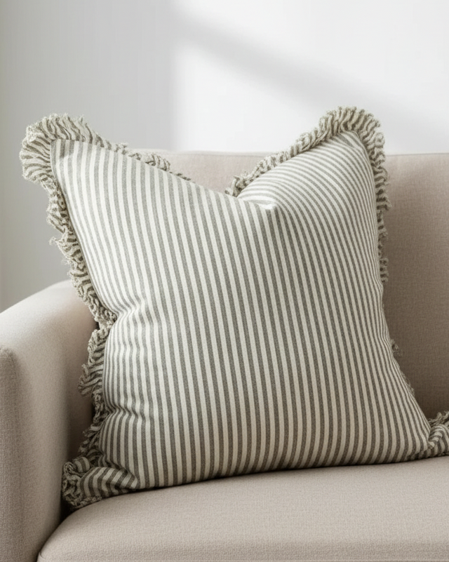 Hallie Olive Green Square Pinstripe Ruffled Linen Cushion Cover