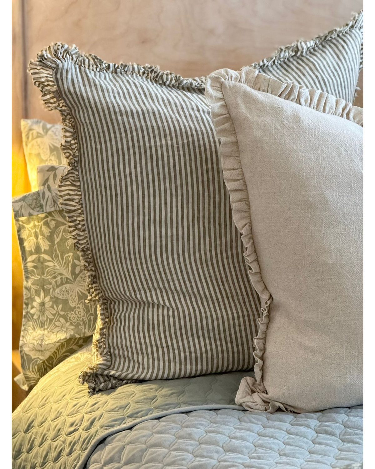 Hallie Olive Green Extra Large Square Pinstripe Linen Cushion Cover