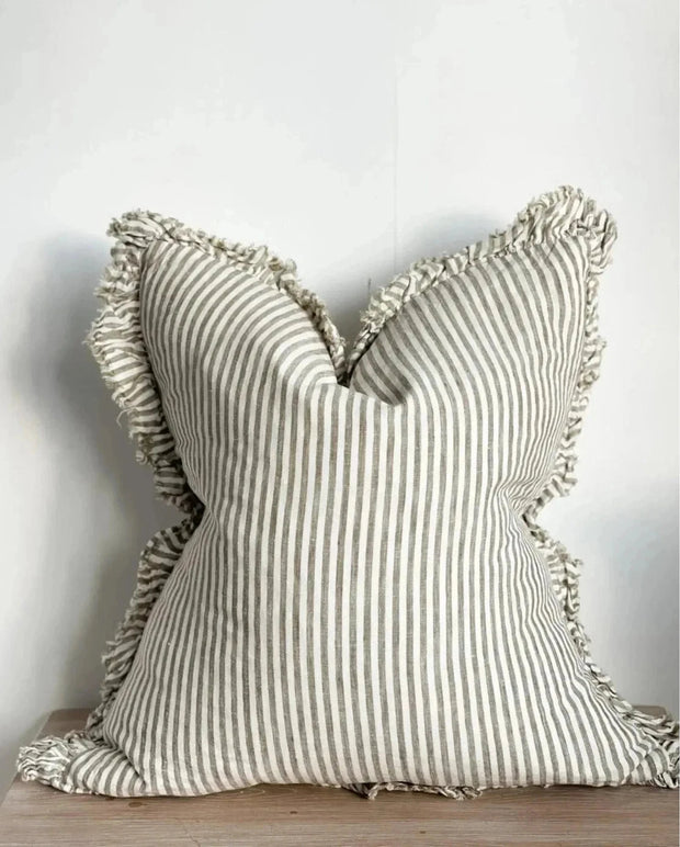 Olive Green Pinstripe Ruffled Linen Cushion Cover - Soft FurnishingsSoft Furnishings - Lulu Loves Home