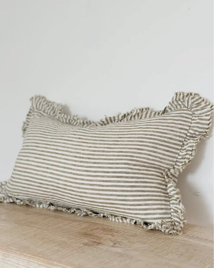 Hallie Olive Green Rectangle Linen Ruffled Edge Cushion Cover