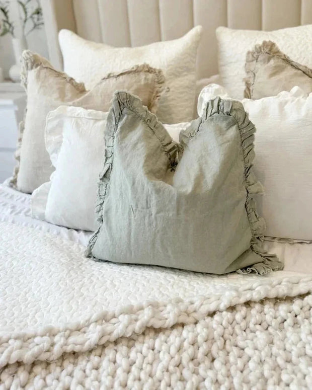 Sage Green Ruffled Edge Linen Cushion Cover - Soft FurnishingsSoft Furnishings - Lulu Loves Home