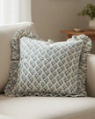 Blue Lulah block printed ruffle cushion cover by Riva Home, featuring soft fabric and decorative ruffle details.