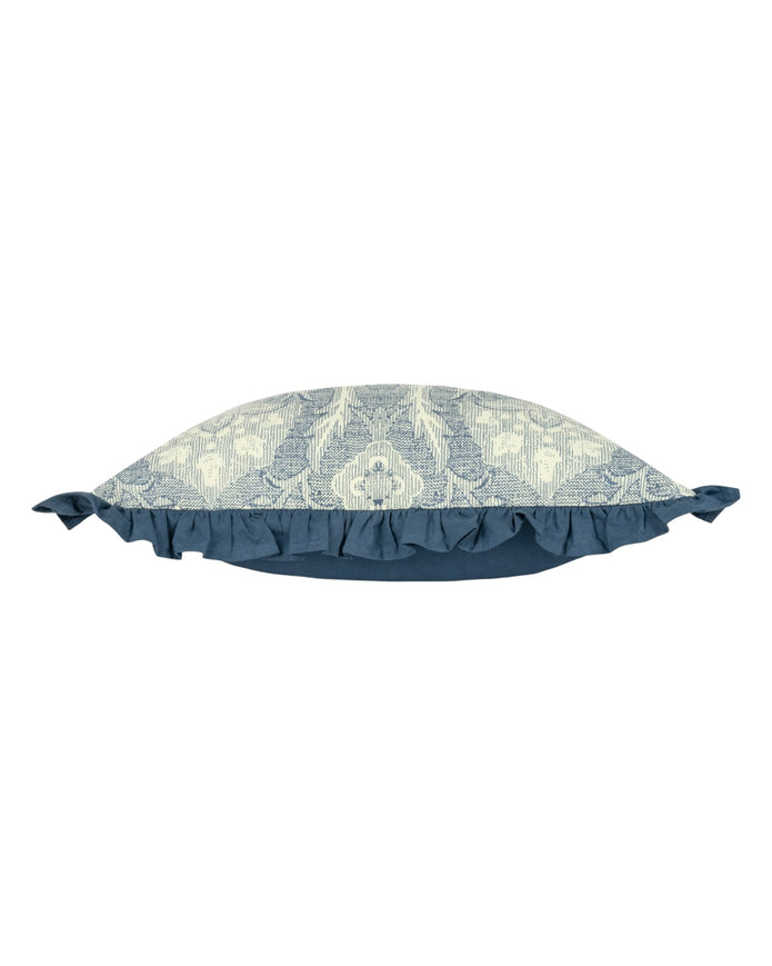 Blue Kirkton floral pleat fringe cushion cover by Riva Home, featuring soft furnishings with floral pattern and decorative fringe detail.