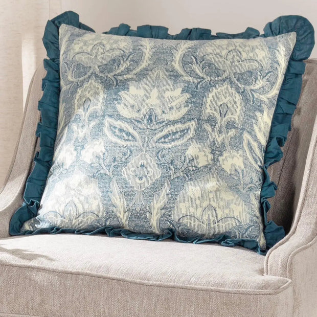 Blue Kirkton floral pleat fringe cushion cover by Riva Home, showcasing soft furnishings with floral fabric and decorative fringe detail.